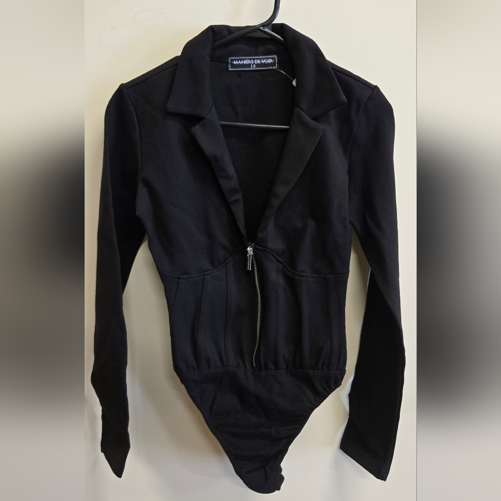 Maniere De Voir Black Zip Bodysuit - Picture 2 of 3